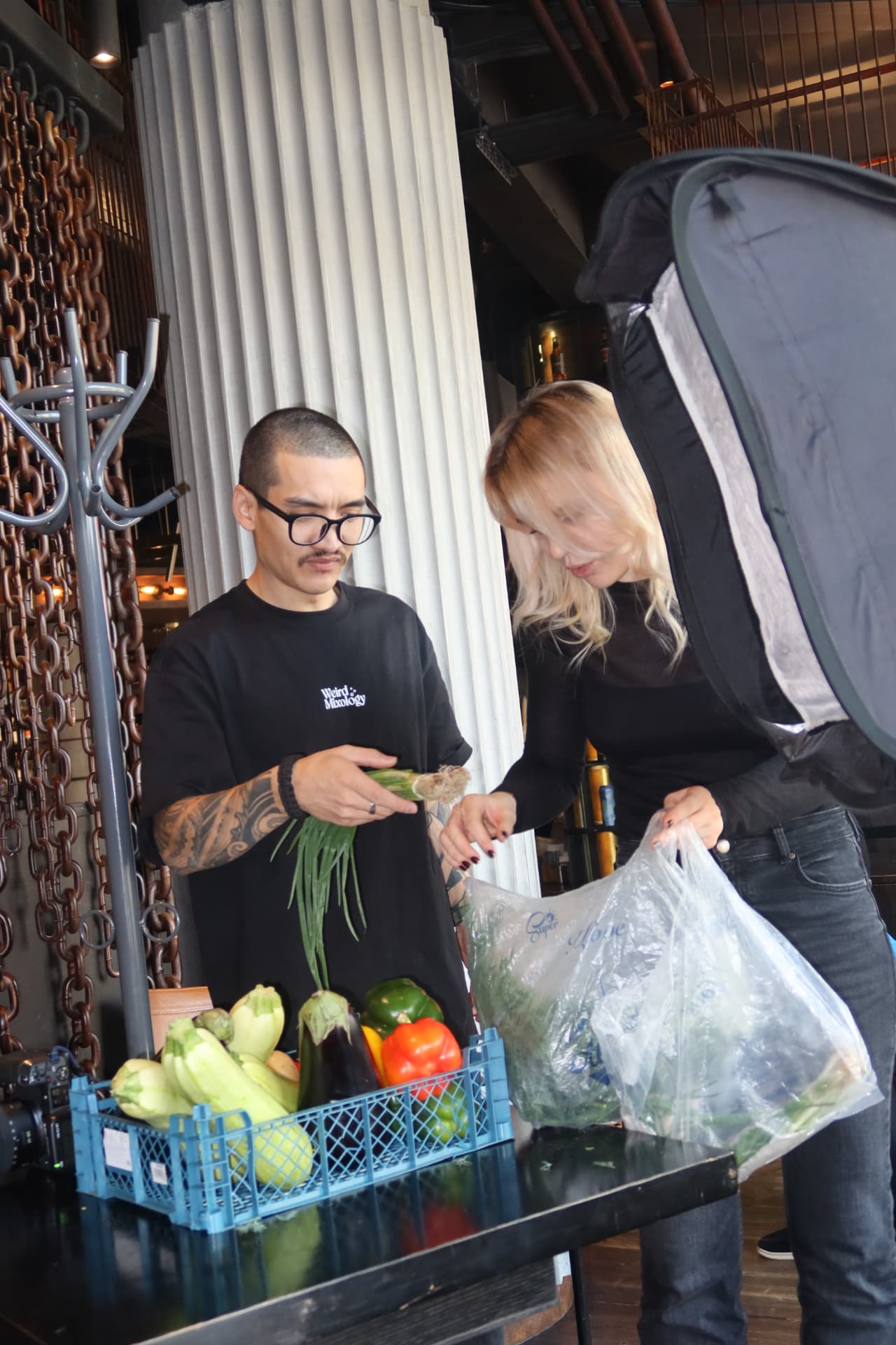 Fresh produce prep during a restaurant content shoot